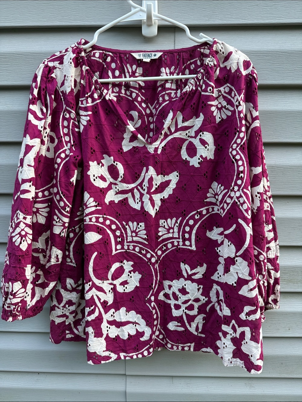 Fatface | Eyelet Maroon White Long Sleeve Blouse size 12